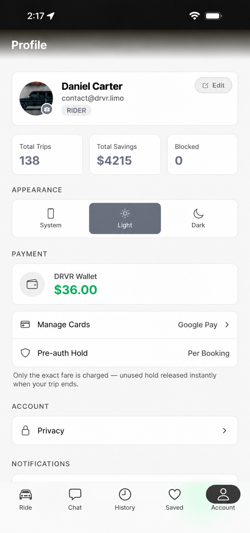Account profile screen